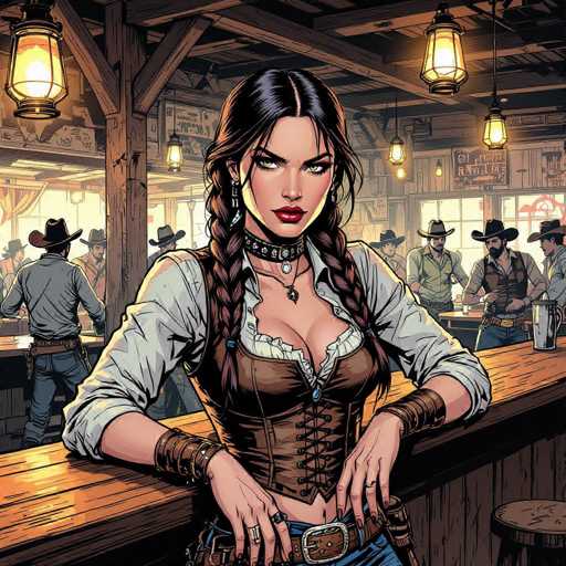 A fierce saloon girl with braided hair and a leather choker dominates the frame, leaning against a wooden bar counter in a bustling saloon. The scene is rendered in a gritty comic book style with dynamic angles and inked outlines, showcasing a lively atmosphere of cowboys and swinging lanterns.