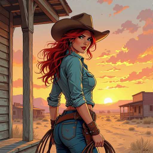 A captivating cowgirl with fiery red hair and a wide-brimmed hat stands on a weathered wooden porch, holding a lasso. The scene is set in a sun-kissed desert town bathed in a vibrant sunset, rendered in a gritty, cinematic US comics art style. The focus is on the cowgirl's confident pose and the dramatic, warm color palette.