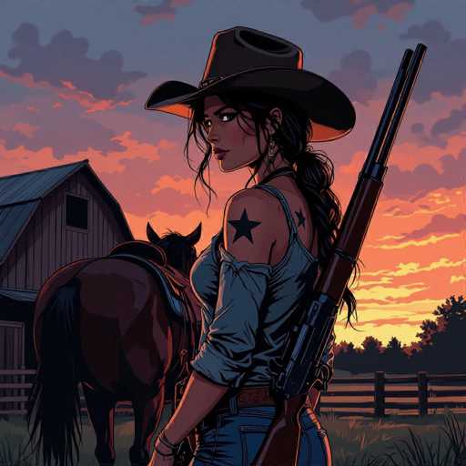 A strong-willed cowgirl, with a faded star tattoo on her shoulder, stands beside a horse in front of a rustic barn at dusk. Her rifle is slung over her back, and the scene is rendered in a gritty US comics style with deep shadows and atmospheric lighting. The spatial relationship places the cowgirl as the central figure, positioned in the foreground with the horse and barn receding into a warm, dusky background.