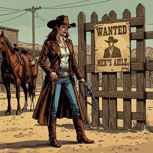 A stylish cowgirl in a brown leather duster, jeans, and boots stands confidently on a dusty street beside her tethered horse. A faded "Wanted" poster with a portrait of a man hangs on a wooden fence behind her, emphasizing a Western setting. The image is rendered in a classic comic book style with dramatic lighting and bold outlines, creating a strong sense of narrative.