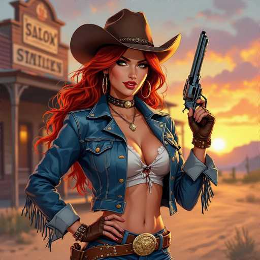 A stunning, fiery-haired cowgirl in a fringed denim jacket and cowboy hat confidently stands before a dusty saloon at sunset. She holds a revolver, her smirk adding to the bold, US comics-style rendering with saturated colors and dramatic shadows. The spatial relationship places her as the central focus, emphasizing a dynamic, action-ready pose against the warm backdrop.