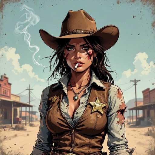 A rugged, scarred cowgirl in a weathered brown vest and sheriff's badge stands center-framed on a dusty street. She wears a brown cowboy hat, smokes a cigarette with smoke curling upwards, and has a determined gaze. The gritty, realistic comic style features deep shadows and textured surfaces, emphasizing a worn, post-western aesthetic.