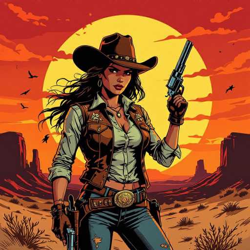 A fierce cowgirl commands a dramatic sunset in this US comics-style illustration. She stands confidently on a dusty mesa, holding a revolver, against a vibrant orange sky with swirling tumbleweeds. The high-contrast linework and saturated earth tones emphasize a bold, Western aesthetic.