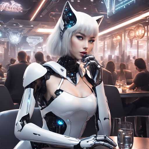 A woman with white hair styled in a cat ears pose is seated at a table in a bar or restaurant setting. She is wearing a futuristic white bodysuit that features blue lights on the chest and arms. The background shows other patrons enjoying their time at tables, and neon signs are visible throughout the space.
