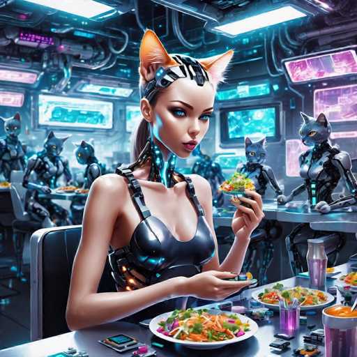 A woman with blue eyes and a futuristic outfit is seated at a table, holding a plate of food that includes a salad and a sandwich. The background features a room filled with robots, suggesting an alternate reality or futuristic setting.