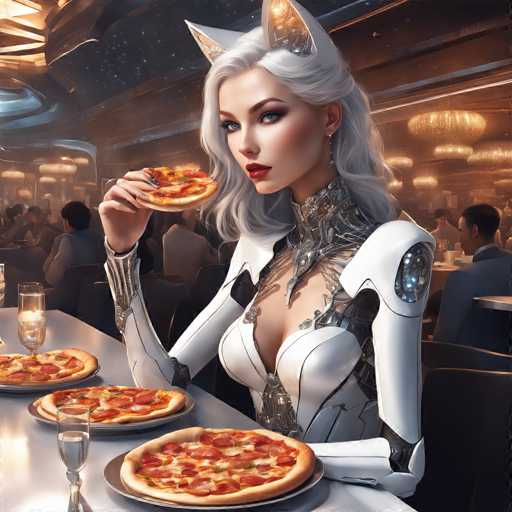 A woman with blonde hair and a white dress is sitting at a table in front of three plates of pizza. The table also has two wine glasses on it.