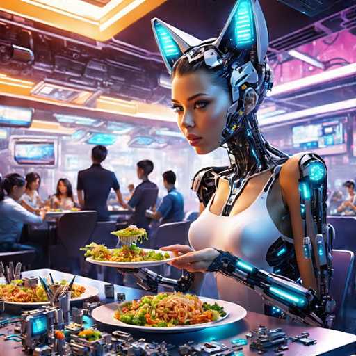 A woman wearing a futuristic robot costume is seated at a table with plates of food in front of her. The background shows other people sitting and eating at tables, creating an atmosphere of a restaurant or dining area.