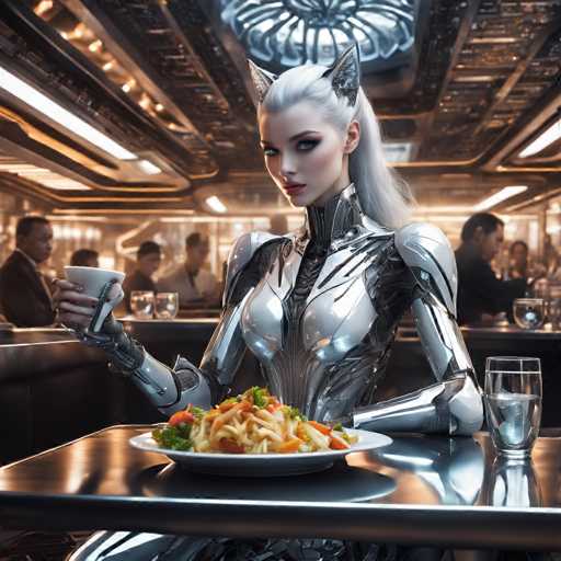 A woman with blonde hair and a futuristic silver suit is seated at a table in a restaurant, holding a cup of coffee and eating spaghetti with vegetables on her plate.