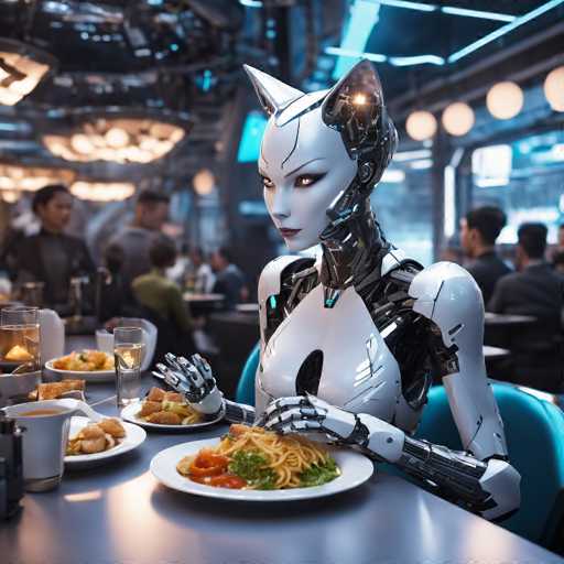 A robot with white hair and a cat-like head is seated at a table in a restaurant, holding a plate of food that includes noodles and vegetables. The background shows other tables and people engaged in conversation or enjoying their meals.