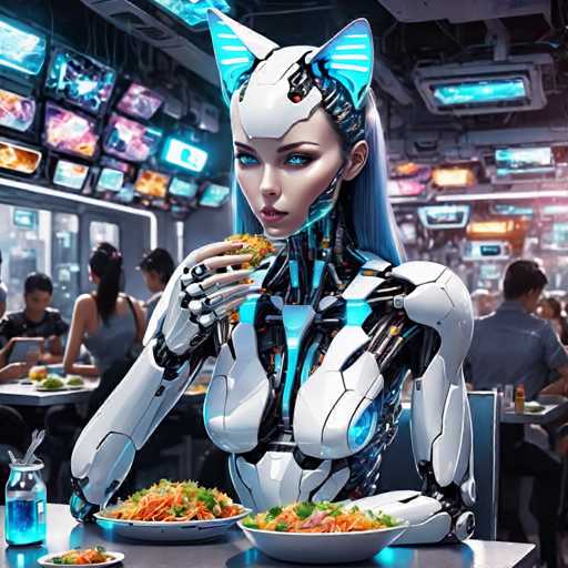 A woman with blue hair is seated at a table in front of two plates of food and a drink. The plates contain noodles and vegetables.