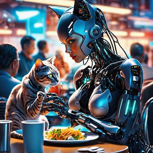 A woman wearing a silver bodysuit with a cat sitting on her lap and eating food from a plate.