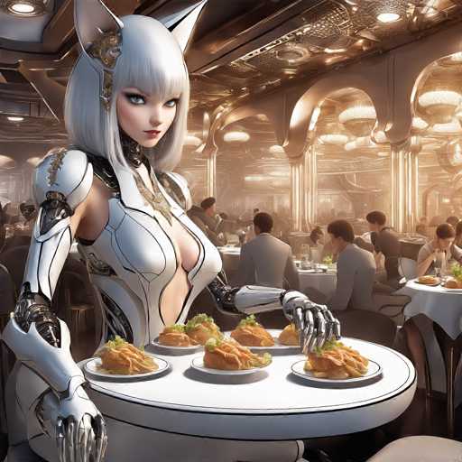 A woman with white hair and a white outfit is standing behind a table filled with plates of food. The plates contain various types of food such as chicken, pasta, and vegetables.