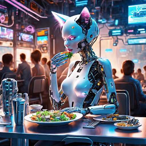 A robot with pink ears and a white head is seated at a table in a restaurant, eating food from a plate on the table. The background shows other tables and people sitting at them, suggesting that this scene takes place in a busy dining area of a restaurant.