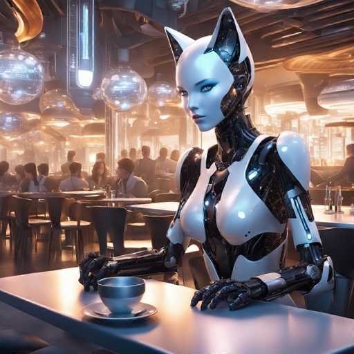A robot with white and black body and blue eyes is sitting at a table holding a cup of coffee. The background shows a restaurant setting with people seated at tables and hanging lights above the tables.