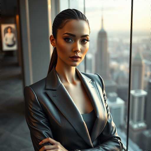 A woman with shoulder-length brown hair is standing in front of a large window that offers a view of the city skyline. She is dressed in a black leather jacket and has her arms crossed over her chest. The background features a painting on the wall behind her.