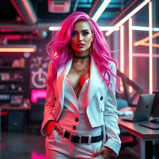 The image depicts a woman with long, flowing pink hair, styled to appear wavy and slightly tousled. She is dressed in a striking white suit, consisting of a jacket and pants, accentuated by a black belt with a prominent silver buckle. The jacket is open, revealing a low-cut top that exposes a significant portion of her chest. Around her neck, she wears a choker-style necklace adorned with black and silver elements, and a second necklace featuring a series of sharp, tooth-like designs. Her lips are painted a vivid red, and she sports large, gold hoop earrings. The woman's hands are casually placed in her pockets, with her thumbs sticking out. She is standing in an office environment, characterized by a desk with an Apple laptop and a chair behind her. The background is illuminated by neon lights in shades of orange, pink, and white, casting a colorful glow over the scene.