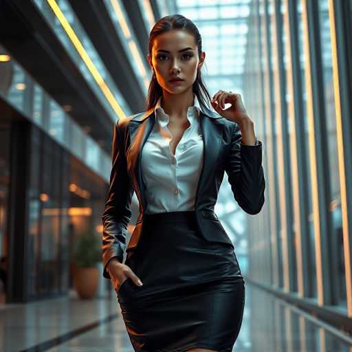The image depicts a highly realistic, computer-generated scene of a woman standing in a modern, sleek hallway. The woman is dressed in a stylish ensemble consisting of a black leather jacket, a white button-up shirt, and a black leather skirt. Her long, dark hair is pulled back, and she has a serious expression on her face. She is positioned with one hand in her pocket and the other raised near her face, as if she is about to touch her chin. The hallway features a reflective floor and is lined with numerous windows on one side, allowing natural light to flood the space. The opposite side of the hallway is lined with glass doors, adding to the contemporary aesthetic. The overall ambiance of the image is one of sophisticated elegance, with a focus on the woman's poised and confident stance.