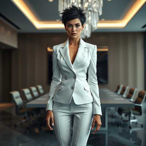 A woman is standing confidently in a room with a large window and a chandelier hanging from the ceiling. She is dressed in a white suit and heels, giving her an elegant appearance. The room has a gray carpeted floor that matches the color of the walls, creating a harmonious atmosphere. In front of her are several chairs arranged neatly around a table, suggesting a formal setting or event.