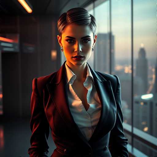 A striking, AI-generated image features a woman with short, dark hair and a serious expression. She is dressed in a black leather jacket over a white button-up shirt, with the top two buttons undone, revealing a hint of cleavage. Her makeup is meticulously applied, with dark lipstick and eye shadow accentuating her features. She wears earrings, though their exact shape is indiscernible. The background suggests she is in an office building, standing in front of a large window that offers a view of a cityscape. The scene outside is somewhat blurred, but it appears to be either dusk or dawn, with a mix of blue and orange hues in the sky. The city below is dotted with illuminated buildings, adding a touch of urban life to the composition.