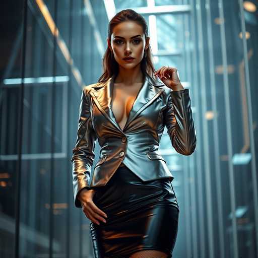 A stunning, AI-generated image depicts a woman with an uncanny, almost too-perfect appearance. She has long, dark brown hair cascading down her shoulders, and her strikingly dark eyes are framed by thick, dark eyebrows. Her lips are painted a bold red, adding to her captivating look. She is dressed in a sleek, silver leather jacket that is unbuttoned, revealing a hint of cleavage. The jacket features a single button at the top and two more at the bottom, with a pocket on the right side. Her outfit is completed by a short, black leather skirt that ends just above her knees, and she wears fishnet stockings that add a touch of edgy allure. The background is a blurred, grayish-blue hue, with indistinct shapes that could be windows or doors, adding to the mysterious ambiance of the scene.