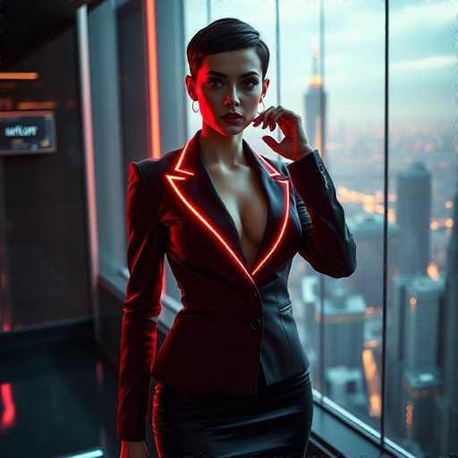The image depicts a highly realistic, AI-generated woman standing in a modern office setting. She has short, dark hair and is wearing a black leather jacket with a striking red neon outline around the collar and lapels. Her outfit is completed with a black leather skirt. The woman is positioned in front of a large window, through which a cityscape with tall skyscrapers can be seen, suggesting she is on a high floor of a building. The window features a black frame and a black windowsill. To the left of the window, there is a gray wall with a black door, which has a sign with white lettering on it. The floor is black, and the overall scene is bathed in a mix of black, gray, and white tones, with the red neon accents providing a vivid contrast.