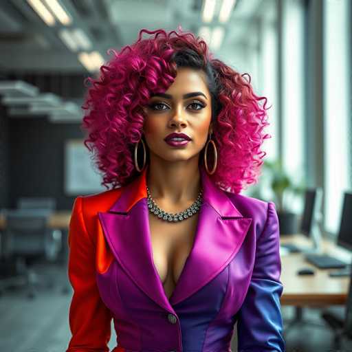 A woman with pink curly hair wearing a purple and red jacket stands confidently against the backdrop of an office setting. She is looking directly at the camera with a serious expression on her face. The room around her features several desks and chairs, suggesting that she might be in a professional environment such as an office or a meeting space.