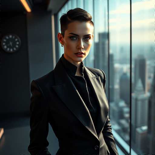A striking photograph captures a woman standing in a modern office setting, gazing directly at the camera. She is dressed in a sleek black suit, with a high collar that accentuates her sharp, angular features. Her short, dark hair is styled in a military cut, and she wears small hoop earrings that add a touch of elegance. Her makeup is bold, with dark, defined eyebrows and striking red lips that stand out against her fair complexion. The office around her is minimalist, with a dark gray wall and a black floor that create a stark contrast. To her left, a black clock with white numbers and hands hangs on the wall, its hands pointing to 10:40. Behind her, a large window with black frames offers a view of the city skyline, with tall buildings and skyscrapers stretching into the distance. The scene is bathed in a soft, yellow light that casts a warm glow over the woman, enhancing the dramatic and sophisticated atmosphere of the photograph.