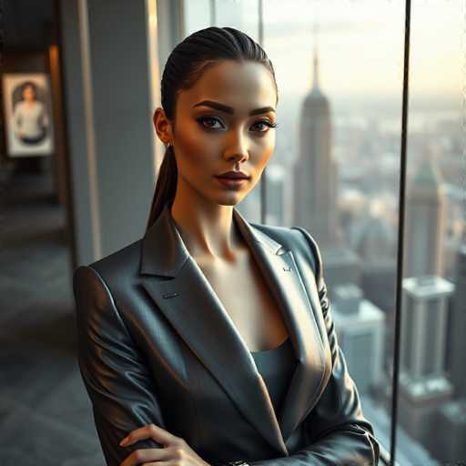 The image depicts a strikingly beautiful woman standing in a modern office setting. She has long, dark hair pulled back into a ponytail and is wearing a sleek black leather jacket over a black tank top. Her makeup is meticulously applied, featuring dark red lipstick, and she has a small earring in her right ear. The woman's expression is serious, with her gaze directed straight at the camera. Her arms are crossed, with her left hand resting on her right arm. Behind her, a large window reveals a cityscape with tall buildings, suggesting she is on a high floor of a skyscraper. The office interior includes a gray wall to her left and a gray floor, with a blurry picture hanging on the wall. The overall ambiance is professional and sophisticated, with the woman exuding confidence and poise.