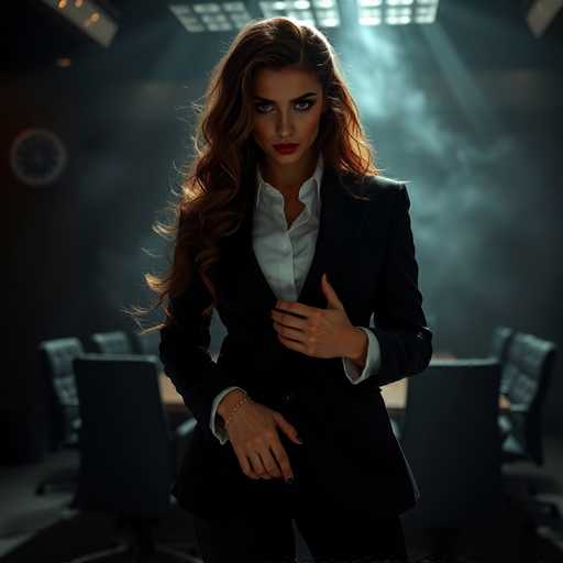 A woman with long brown hair is standing in a dimly lit room wearing a black suit and red lipstick. She has her hands on her hips and is looking directly at the camera. The background shows several chairs arranged around a table, suggesting that this could be an office or meeting space.