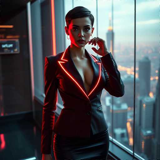 A woman stands confidently against a city skyline backdrop, wearing a black leather jacket with red neon accents and a matching skirt.