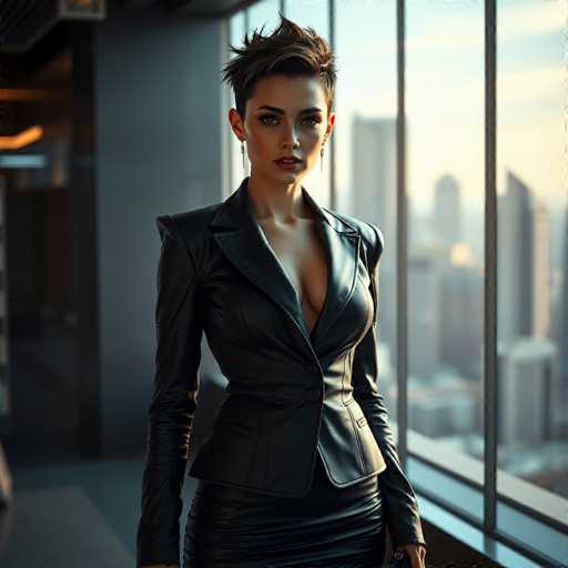 In this captivating image, a woman stands confidently in the center of a modern office space, exuding an aura of sophistication and strength. She is dressed in a sleek black leather jacket, paired with a matching black leather skirt, creating a striking ensemble that accentuates her poised demeanor. Her short, spiky brown hair frames her face, adding a touch of edginess to her appearance. She gazes directly at the camera with an intense, focused expression, her blue eyes and slightly open mouth contributing to the image's allure.

The background features a large window that offers a blurred view of a bustling cityscape, with numerous tall buildings stretching into the distance. The window is divided into sections by thin black lines, adding structure to the scene. To the left of the woman, a gray wall stands, with a black strip running vertically along its edge, creating a subtle contrast. The floor beneath her is a muted gray, complementing the overall monochromatic theme of the setting. The image is devoid of any text, allowing the viewer to fully immerse in the visual narrative presented.