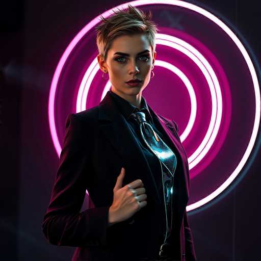 The image depicts a highly realistic, AI-generated portrayal of a woman standing in front of a circular neon sign. The woman has short, spiky blonde hair and is wearing a black suit jacket over a black collared shirt. Her outfit is complemented by a silver tie, which appears to be made of a reflective material, and a black belt. She has striking blue eyes, dark eyebrows, and is adorned with small hoop earrings. Her expression is serious, and she is looking directly at the viewer. The background features a circular neon sign with concentric rings in varying shades of pink, from light to dark. The woman's right hand is raised, with her thumb and index finger touching the top of her jacket, while the rest of her fingers are curled. The overall scene is set against a dark backdrop, emphasizing the neon sign and the woman's detailed appearance.
