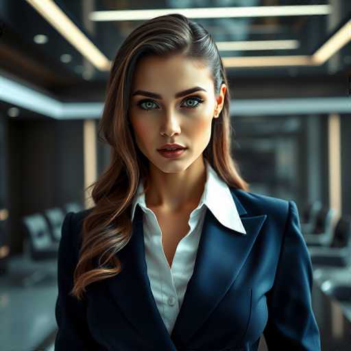 The image features a stunningly beautiful woman with long, wavy brown hair that cascades down to her chest. She has striking blue eyes and is wearing a white button-up shirt with a collar, paired with a dark blue blazer. Her makeup is meticulously applied, enhancing her natural beauty. The woman is standing in what appears to be a modern office setting, with a sleek, gray floor and a ceiling adorned with long, rectangular white lights. The background is slightly blurred, but you can make out a row of black chairs on either side of her, adding to the professional ambiance of the space.