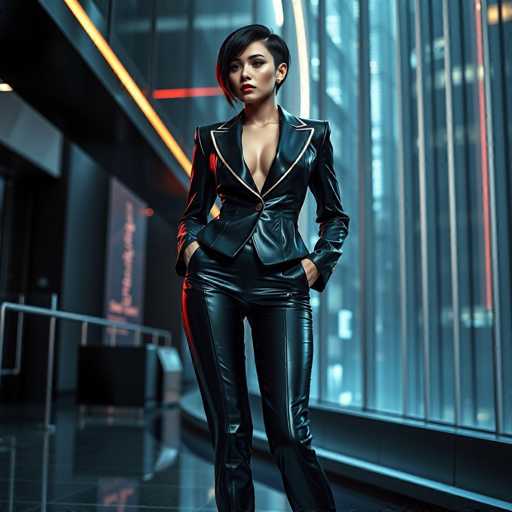 A striking, AI-generated image depicts a woman standing in a sleek, modern setting. She is dressed in an all-black ensemble, featuring a leather jacket with a deep V-neckline that reveals a significant portion of her chest. The jacket is adorned with gold trim around the lapels and sleeves, adding a touch of elegance to her attire. Her matching leather pants complete the outfit, and she stands with her hands casually tucked into her pockets. The woman has short black hair and wears bold red lipstick, her gaze directed slightly to the left. The background is a blend of black and gray tones, with a prominent yellow light on the left side and a red light on the right, creating a dramatic contrast. A large window behind her offers a view of a towering building, adding to the urban ambiance of the scene.