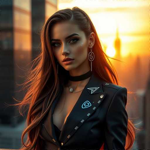 The image depicts a strikingly realistic AI-generated woman with long, flowing brown hair that cascades down to her waist. She has a fair complexion and is adorned with a black choker around her neck. Her attire consists of a black leather jacket, which is open at the front, revealing a hint of cleavage. The jacket features a distinctive blue emblem on the left side, resembling a shield with a central design. Additionally, there is a white arrow-like symbol on the right side of her jacket. She accessorizes with long, dangling earrings that resemble a downward arrow. The background is a blurred cityscape with tall buildings, and the setting sun casts a warm glow, adding to the overall dramatic and realistic quality of the image.