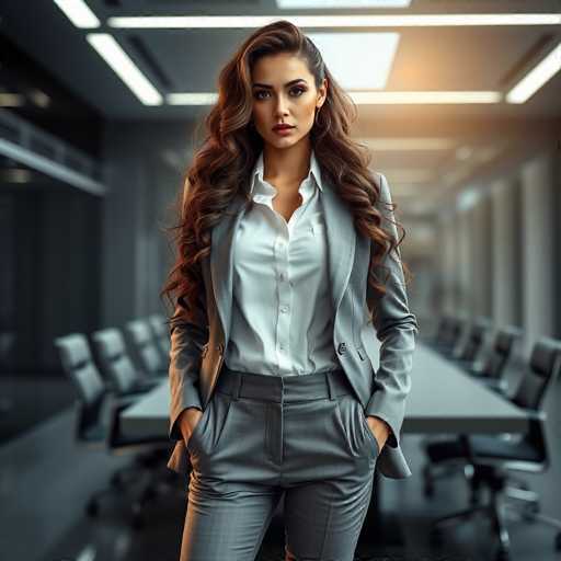 A striking photograph captures a woman standing confidently in a modern office setting. She is dressed in a crisp white button-down shirt, layered with a sleek gray blazer, and paired with matching gray pants. Her long, wavy brown hair cascades down, framing her face, which is adorned with a touch of lipstick. Her hands rest casually in her pockets, exuding a relaxed yet professional demeanor. The background features a long, gray rectangular table surrounded by black office chairs, all set against a gray floor. The ceiling above is gray, punctuated by rectangular white lights that cast a soft glow over the scene. The woman stands directly in the center of the image, with the table and chairs slightly blurred, drawing all attention to her poised presence.