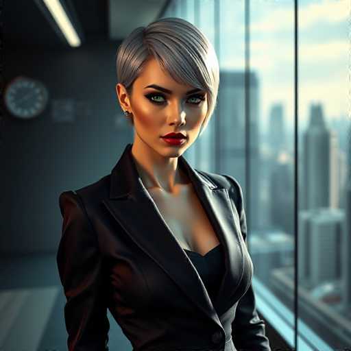 The image depicts a highly realistic, computer-generated woman with short, silvery-gray hair styled in a bob. She has striking green eyes, dark eyebrows, and is wearing red lipstick. Her attire consists of a black leather jacket over a black top, and she has a silver earring in her right ear. The woman is standing in an office setting, with a large window behind her that offers a view of a cityscape with tall buildings. To her left, there is a gray wall featuring a clock with white hands and numbers. The floor beneath her is gray, and the ceiling above is also gray. The overall scene is meticulously detailed, giving the impression of a sophisticated, modern office environment.