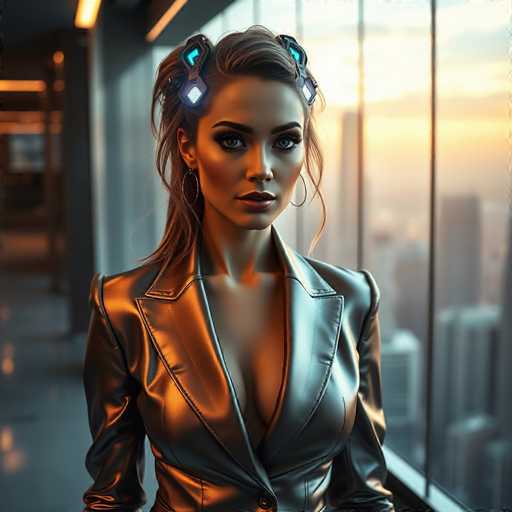 The image depicts a highly realistic, AI-generated woman standing in a modern office setting. She has long, dark brown hair styled with two futuristic hair clips on either side of her head, each featuring a glowing blue diamond at the center. Her hair is pulled back, with some strands cascading down the sides of her face. She has striking blue eyes, dark eyebrows, and full lips adorned with pink lipstick. She is wearing a low-cut, metallic gold leather jacket that reveals a significant amount of cleavage. Large hoop earrings dangle from her ears, adding to her futuristic appearance. The background showcases a large window with a cityscape visible outside, and the office interior is characterized by gray walls and a gray floor. The overall scene exudes a blend of modernity and sci-fi aesthetics.