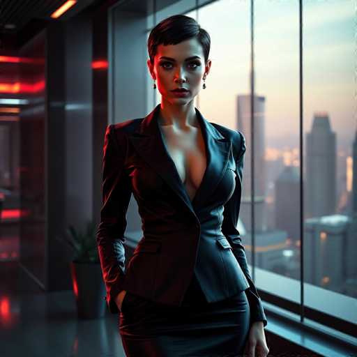In this striking image, a woman stands confidently in a sleek, modern office setting. She is dressed in a form-fitting black leather jacket that accentuates her figure, paired with a matching black leather skirt. Her short, dark hair frames her face, which is adorned with bold red lipstick and dramatic eye makeup. She accessorizes with elegant earrings, adding a touch of sophistication to her ensemble. The woman's pose is bold, with one hand casually placed in her pocket, while her other hand rests by her side. Behind her, a large window reveals a breathtaking cityscape, with towering skyscrapers silhouetted against a sky that transitions from a soft pink to a serene blue. The office's interior is minimalist, featuring a gray floor and a gray pot with a thriving green plant, which adds a touch of nature to the sleek environment. The overall ambiance is one of modernity and urban elegance, perfectly captured in this captivating photograph.