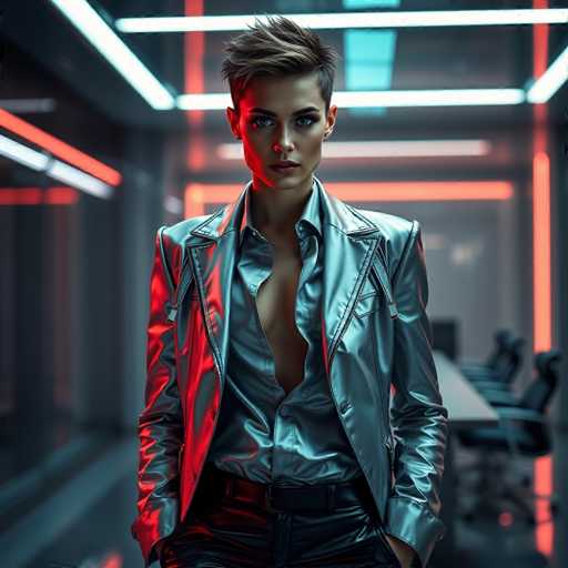 A woman with short hair and a stylish outfit stands confidently in front of a red neon light strip that illuminates the space around her. She is wearing a silver jacket over a black blouse, paired with black pants. The background features a white wall adorned with a row of chairs arranged neatly against it.