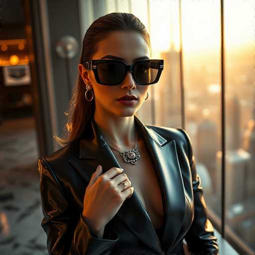 A striking photograph captures a woman standing in front of a large window, gazing out at a cityscape bathed in the warm hues of a setting sun. The city's buildings are slightly blurred, creating a soft, dreamy backdrop. The woman is dressed in a sleek black leather jacket, which she holds open with her right hand, revealing a hint of cleavage. Her long, dark hair is pulled back, cascading down her back. She wears large, black sunglasses that add an air of mystery to her expression. Her lips are painted a deep red, and she sports a silver necklace with a prominent pendant. A silver hoop earring adorns her right ear, while a smaller hoop is visible on her left ear. The woman's face is turned slightly to the right, as if she is lost in thought, taking in the view before her.