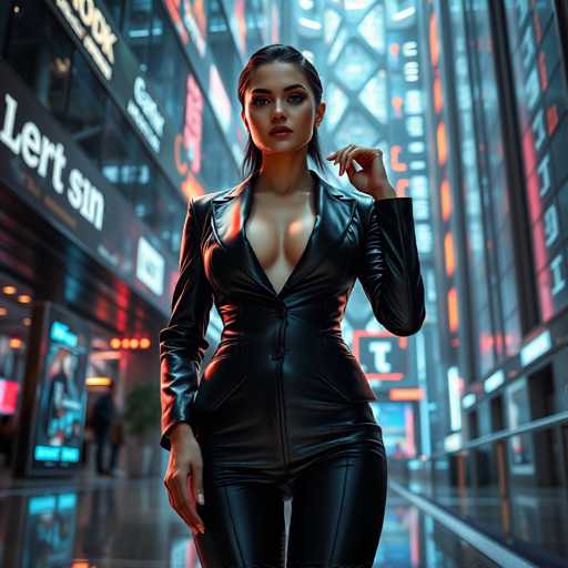 A striking image of a woman in a sleek black leather outfit, featuring a low-cut jacket that reveals a significant portion of her chest. She has long, dark hair cascading down her back and is adorned with earrings. Her left hand is raised near her face, while her right hand rests by her side. The background is a bustling cityscape with towering buildings, illuminated by vibrant neon signs in hues of red, blue, and white. The ground beneath her is reflective, mirroring the city lights. In the distance, a man stands near a large plant, adding depth to the urban scene.