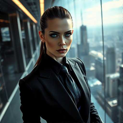 A woman with striking blue eyes and long brown hair is captured from the waist down, wearing a black suit jacket over a white shirt and a black tie. The background features a cityscape of tall buildings under an expansive sky.
