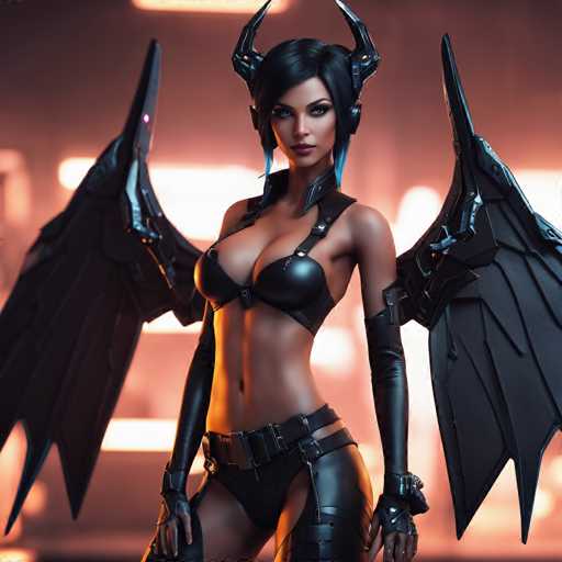 This image features a striking, AI-generated female character with a distinct sci-fi aesthetic. She has sleek, black hair styled in a bob cut, with bangs swept to the side. Her eyes are a captivating blue, and she wears a bold red lipstick that accentuates her full lips. Her skin is a rich brown tone, adding to her captivating appearance.

Her outfit is equally eye-catching, consisting of a black leather bra that highlights her ample chest. She pairs this with matching black leather pants, creating a cohesive and edgy look. Her arms are adorned with black leather gloves that extend up to her elbows, adding a touch of mystery and strength to her demeanor.

The character's most striking feature is her pair of black, mechanical wings that extend from her back, giving her an otherworldly presence. She stands confidently, gazing directly at the viewer, exuding power and allure. The background is a blurred mix of orange and black hues, which further emphasizes her presence and the futuristic, sci-fi ambiance of the scene.