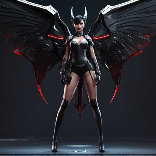 The image depicts a highly detailed, computer-generated female character, likely from a video game or a sci-fi setting. She stands confidently with her legs apart, wearing a form-fitting black leather bodysuit that accentuates her curves. Her attire includes long black gloves, thigh-high boots, and a belt with a small rectangular device attached to it. She has short black hair styled in a bob, with bangs swept to the side, and wears striking red lipstick. Her eyes are dark, and she sports a pair of black horns protruding from her head. Behind her are large, mechanical wings with a metallic sheen, featuring red lights and pointed tips. The background is a dark gray, almost black, with a light gray floor, enhancing the character's dramatic and imposing presence.