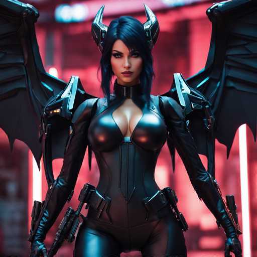 This image features a striking female character, possibly from a video game or an AI-generated creation. She has long, dark hair with bangs that frame her face, and her eyes are a captivating shade of blue. Her lips are painted a bold red, adding to her dramatic appearance. She is dressed in a form-fitting black leather bodysuit that accentuates her figure, particularly highlighting her large bust. The bodysuit extends to cover her arms, and she wears black gloves that reach up to her elbows. 

Her ensemble is completed with a pair of black leather pants, and she has multiple holsters on her hips, each holding a gun. She also sports a pair of black wings that are spread out behind her, adding an element of fantasy or power to her look. Additionally, she wears a headpiece that resembles horns, further enhancing her imposing presence. The background is blurred, featuring a mix of red and blue hues, which makes the character stand out even more prominently.