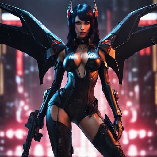 The image depicts a striking female character, likely from a video game or movie, set against a blurred backdrop of a futuristic cityscape illuminated by red and white lights. She has long, dark hair with bangs that partially cover her face, and her expression is intense and focused. Her outfit is a form-fitting, black leather bodysuit that accentuates her curves, particularly her large breasts. The suit features a deep V-neckline that extends down to her stomach, and it is complemented by long gloves that reach up to her biceps. She wears thigh-high boots that leave her upper thighs exposed. Her ensemble is completed with a necklace and a choker. She has large, black mechanical wings with red and gold accents on her back, adding to her formidable appearance. In her hands, she wields two black guns, one in each hand, enhancing her warrior-like demeanor.