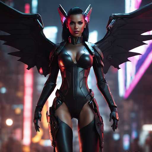 The image depicts a striking female superhero set against a blurred cityscape backdrop illuminated by neon lights in hues of red, blue, and purple. She stands confidently, facing the camera, with her long black hair pulled back into a ponytail. Her attire is a sleek, form-fitting black leather bodysuit that accentuates her curves, particularly around her chest and legs. The bodysuit features a zipper running down the front, complemented by long black gloves that extend up to her biceps. Her ensemble is completed with thigh-high black boots and a collar around her neck. Adding to her formidable appearance are large, black mechanical wings that spread out behind her, and a pair of pink, wing-like structures on her head that resemble horns. The overall aesthetic suggests a blend of futuristic and fantasy elements, making her look like a powerful figure from a sci-fi or comic book universe.
