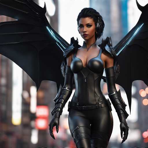The image depicts a striking, computer-generated female character with dark skin and short black hair. She is adorned in a sleek, form-fitting black leather outfit that accentuates her curves, featuring a corset-like top with integrated breast plates and a zipper running up the front. Her ensemble is completed with matching leather pants, gloves, and a belt that has a gun holster on her right side. She also sports black headphones and has a serious expression on her face. Large, black wings with blue light accents extend from her back, adding to her formidable appearance. The background is blurred, with indistinct lights and shapes, possibly suggesting a cityscape or a futuristic setting. The overall image is square-shaped, with the character positioned centrally, exuding a powerful and enigmatic aura.