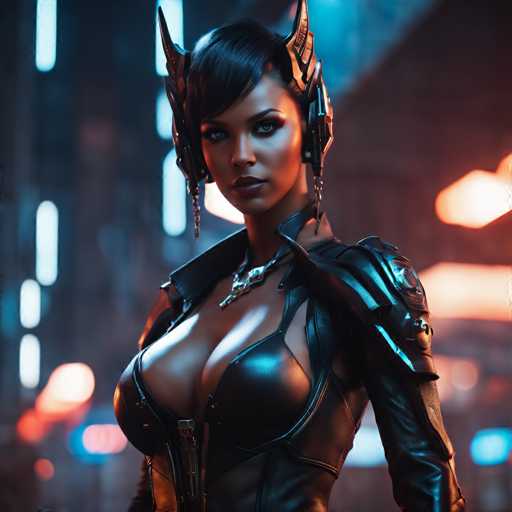 The image depicts a striking, computer-generated female character, possibly from a video game or movie, set against a blurred, futuristic cityscape. She has a dark complexion and short black hair styled in a bob with bangs. Her face is adorned with heavy eye makeup, and she wears dark red lipstick. She is dressed in a tight, black leather outfit that includes a bustier with a zipper running up the front, and a high collar that extends to her shoulders. A prominent silver necklace with a large pendant rests around her neck. Her ears are covered by a pair of metallic, horn-shaped headphones that dangle with chains. The background features a mix of blue and orange lights, adding to the sci-fi atmosphere.